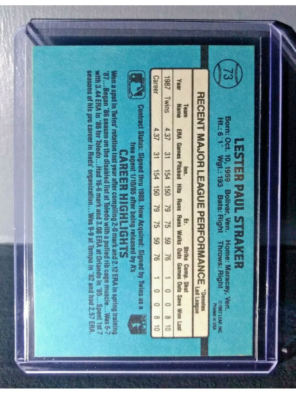 1988 Les Straker Donruss #73 Baseball Card